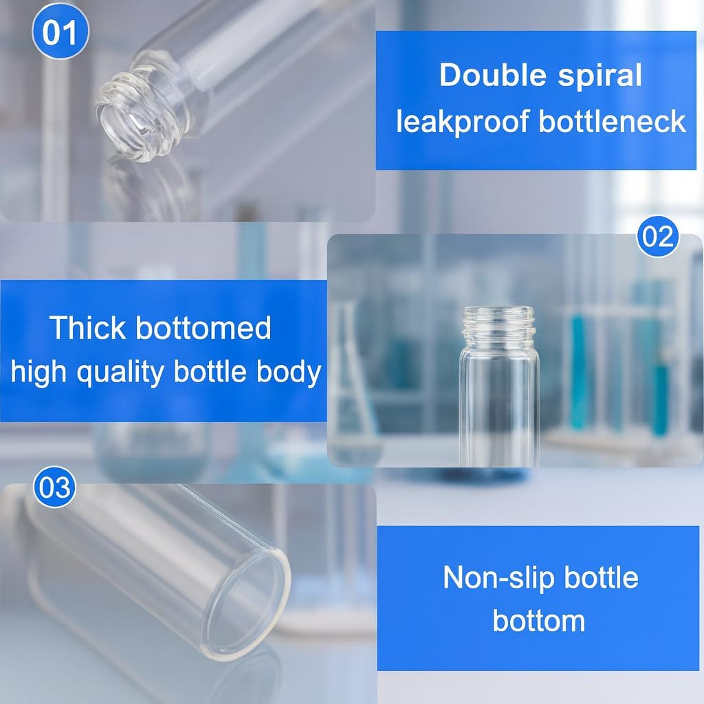 300 Pack 10ml Clear Glass Vials,With Screw Cap Reagent Media Bottle,with Labels Leak-Proof Sample Rubber Stoppers Glass Vials for Lab Laboratory
