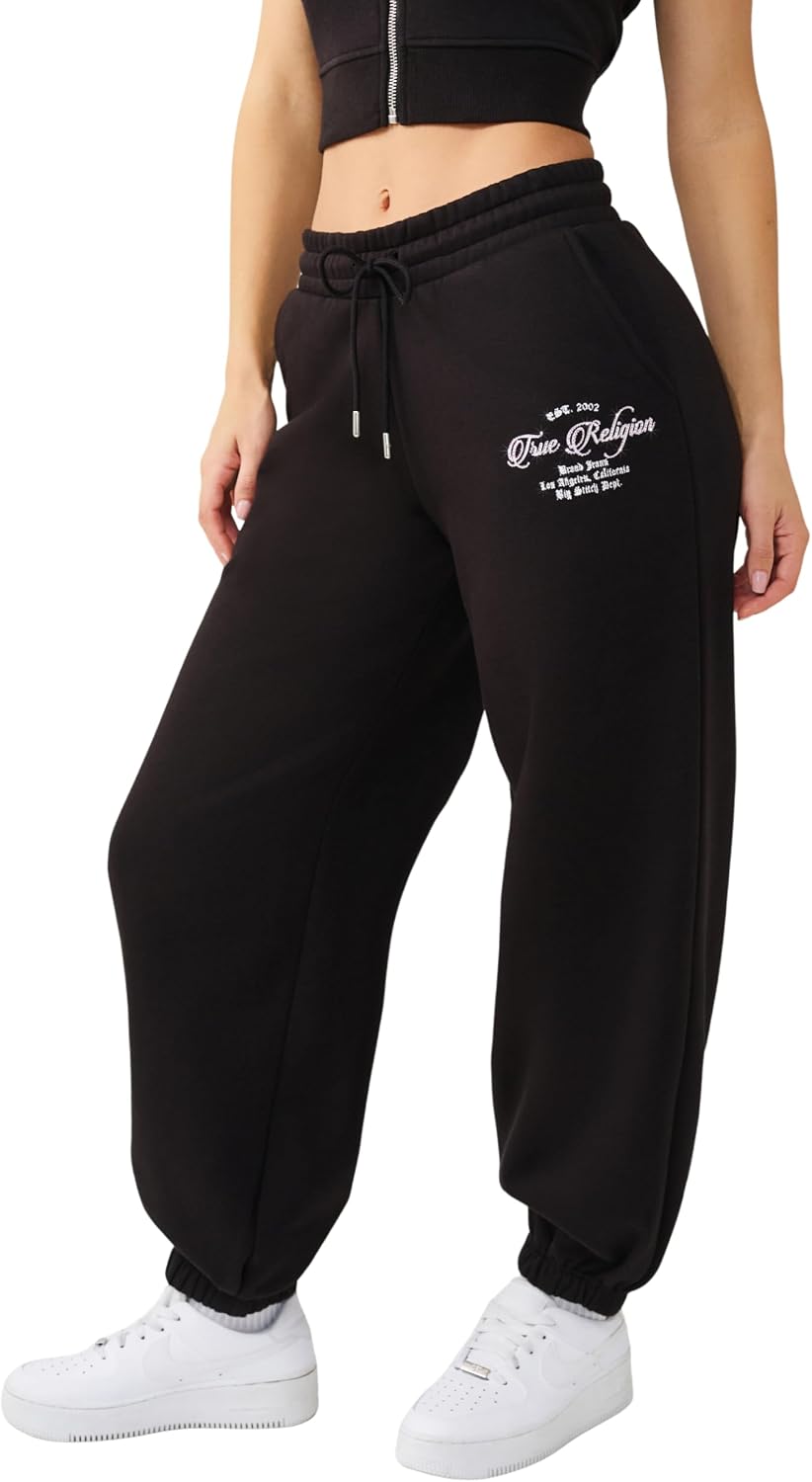 True Religion Women’s Crystal Baggy Jogger – Baggy Fit Sweatpants with Crystal Script Logo & Drawstring Waist
