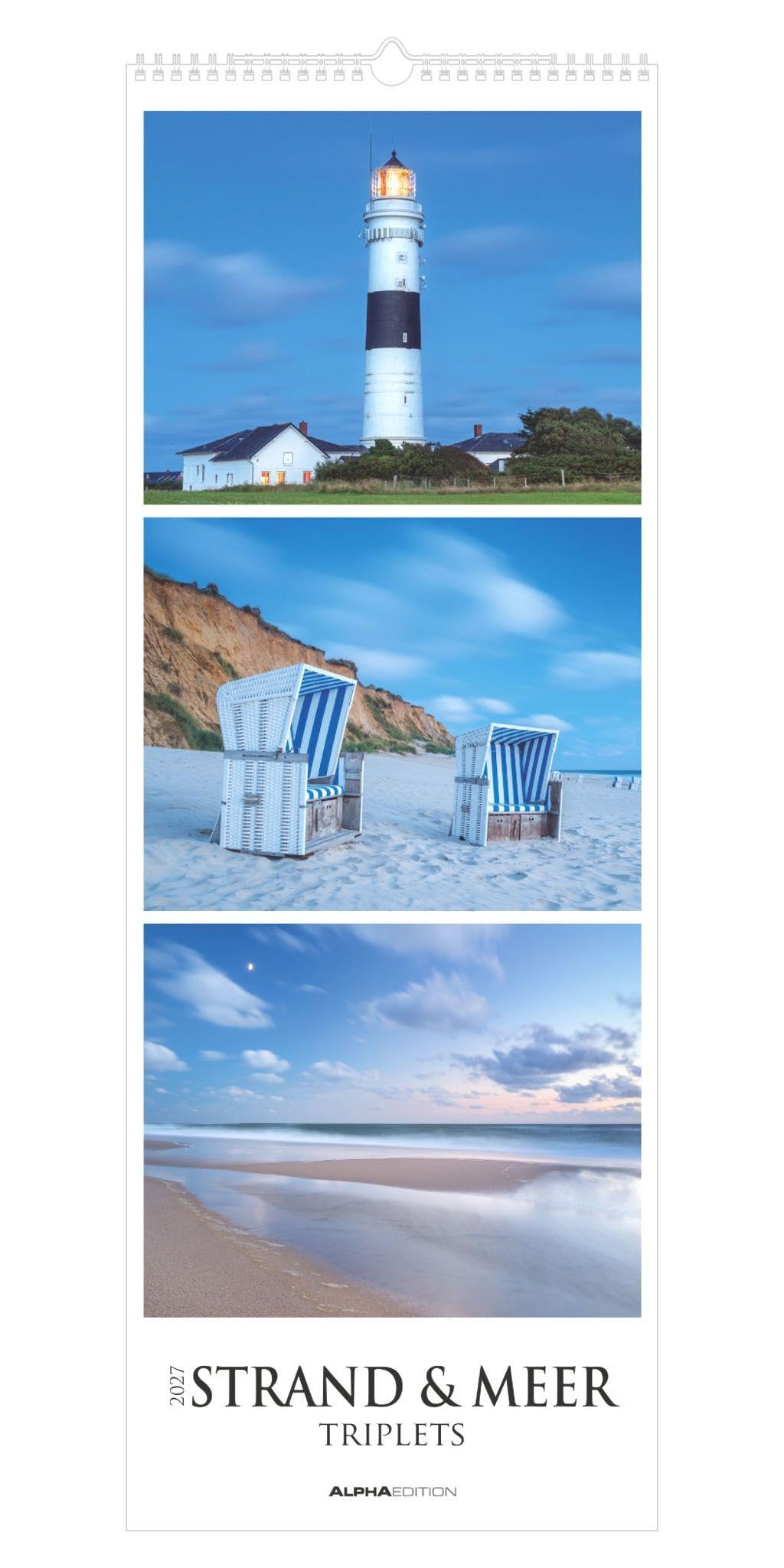 Strand & Meer Triplets 2027: Streifenkalender 25x69 cm mit 3 maritimen Motiven pro Monat, Hochformat und Spiralbindung