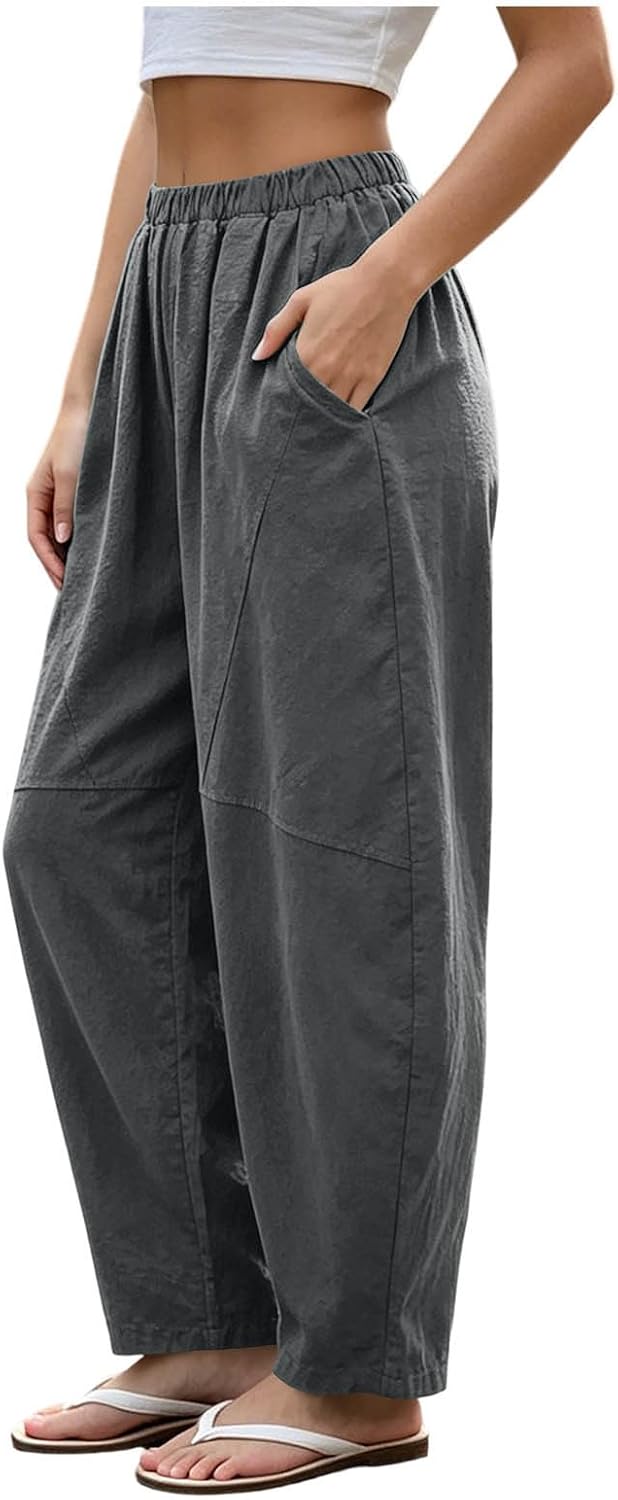 Women's Wide Leg Casual Trousers Pants Spring Elastic Waist Trouser Vintage Boho Loose Pants for Spring Summer