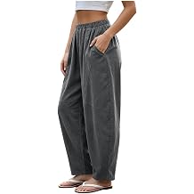 Harem Pants Women Cotton Linen Elastic Waist Lantern Trousers Oversized Fit Pant with Pockets Casual Travel Wear