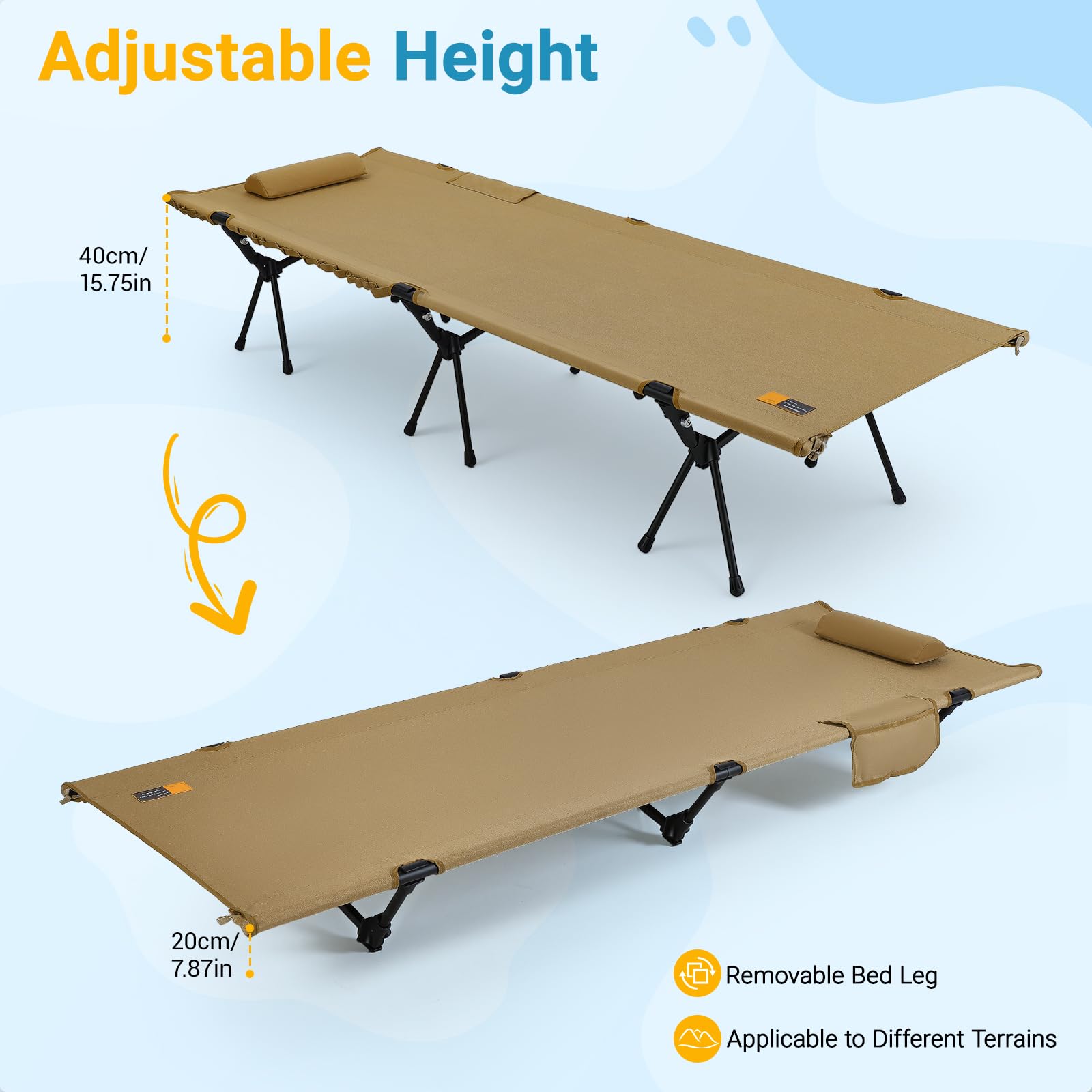 Lit Pliant Camping, Cadre Lit de Camp 250kg, 191x65cm avec 2 Hauteurs Réglables (20/40cm), Cadre Aluminium, Poches Latérales & Boucles, pour Tente Extérieur Jardin Bureau