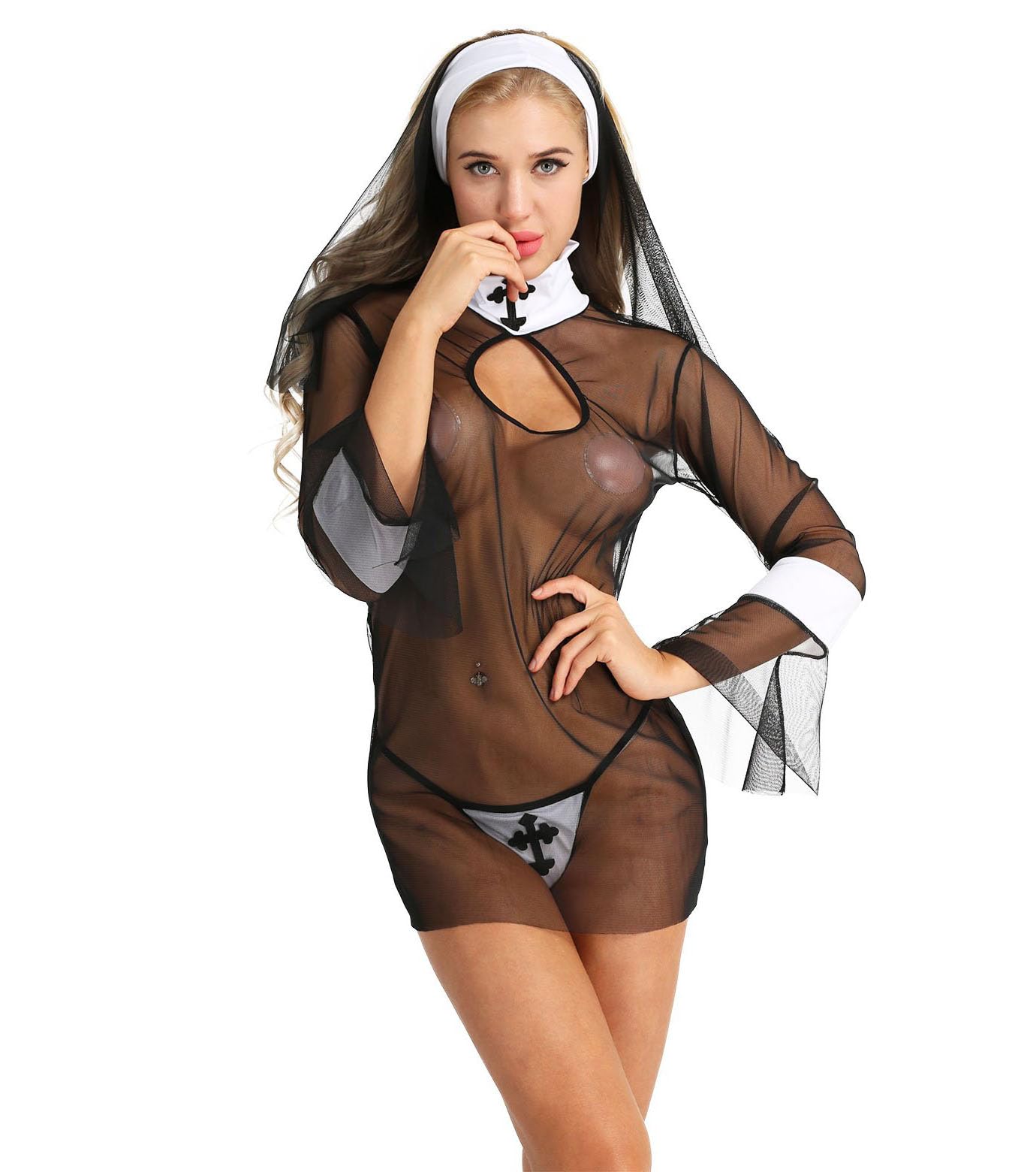 ROSVAJFY Disfraz de Monja Sexy Mujer Lencería Cosplay Nun de Malla Transparente, Halloween Ropa Interior Juego Role Traje de Monja Picardias 3 Piezas, Mini Vestido+Tocado+Tanga