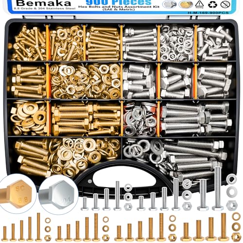 Bemaka 900Pcs Hex Bolts and Nuts Assortment Kit, 304 Stainless Steel 1/4-20, 5/16-18, 3/8-16 Machine Screws Set, Grade 8.8 M4 M5 M6 M8 Metric Bolt Assortment, Assorted Bolts, Nuts and Washers Kit