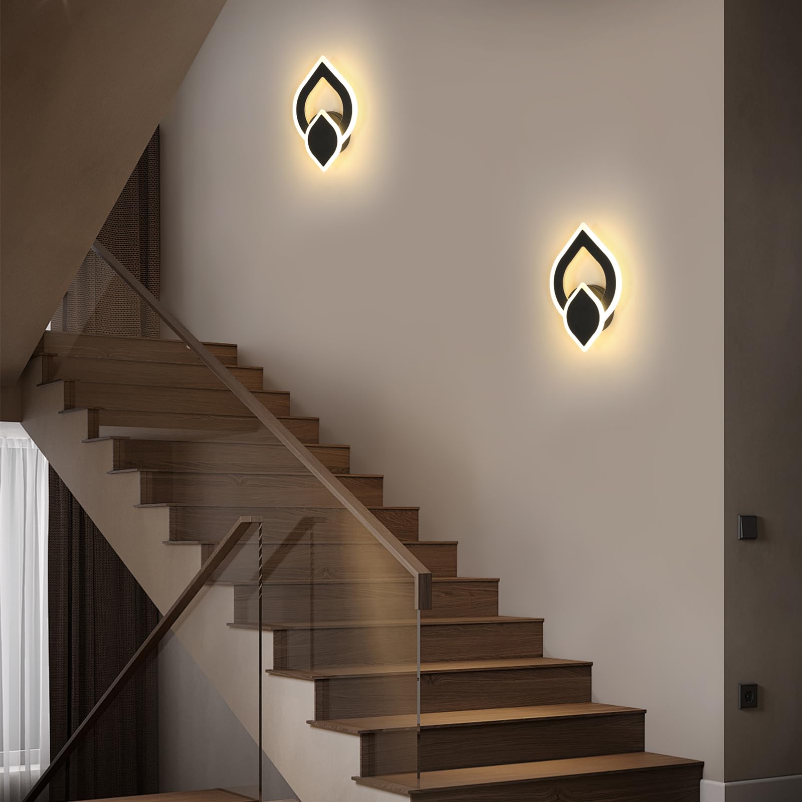 Applique da Parete Interno LED Nero, 2 Pezzi 16W 1800LM Lampada da Parete Camera da Letto, Lampada LED da Muro Moderno Cucina per Bagno Soggiorno Scale Corridoio, Luce Bianca Calda 3000K