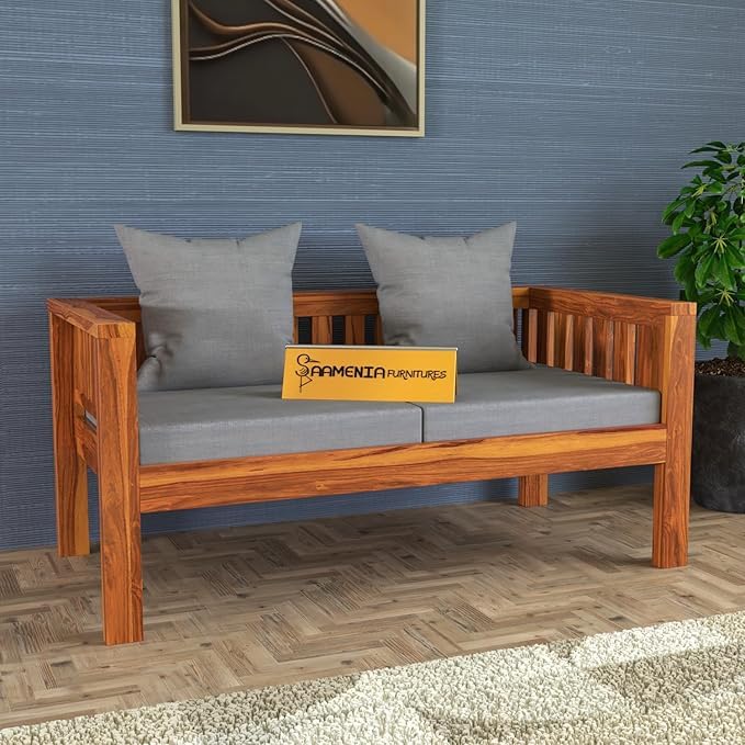 Image of Sheesham Wooden 2 Seater Sofa for Living Room | Rosewood 2 Seater Cushion Sofa Low Height | Solid Wood Sofa Set for Lounge (2 Seater,Honey Finish)