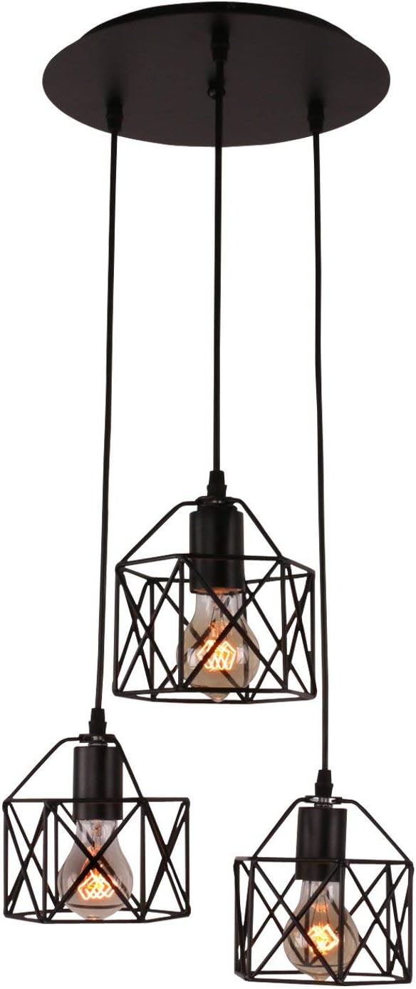 Review Product Unitary Brand Rustic Black Metal Cage Shade Farmhouse Pendant Lighting for Kitchen Island with 3 E26 Bulb Sockets, Industrial Hanging Lights, Dining Room Pendant Light Fixture