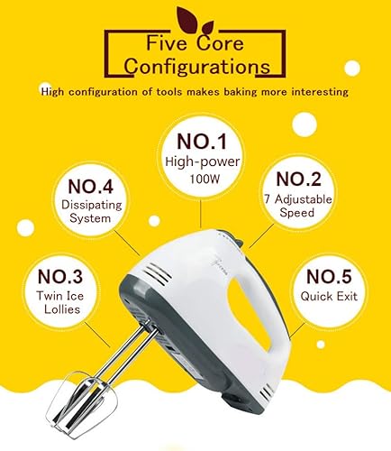 Miniatura 5 de Batidora de mano eléctrica, 7 velocidades, 100 vatios, 110 voltajes, varillas de acero inoxidable, ganchos de masa y batidores mezcladores para