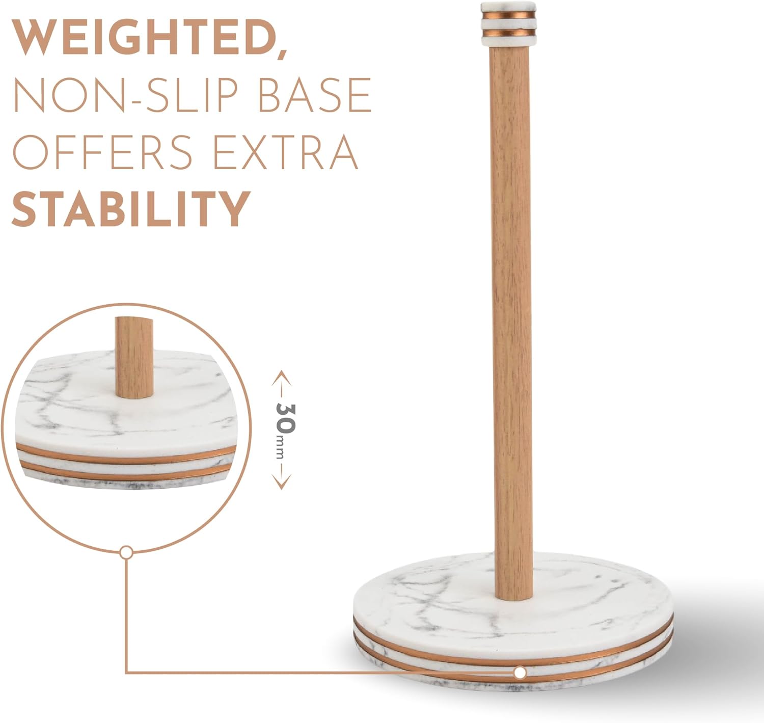 Saddet Stylish White Marble Paper Towel Holder Countertop Kitchen with Non-Slip Pads - Paper Towel Holder Marble Base with Decorative Gold & Stand-Up Wood Roll for Pantry Decor