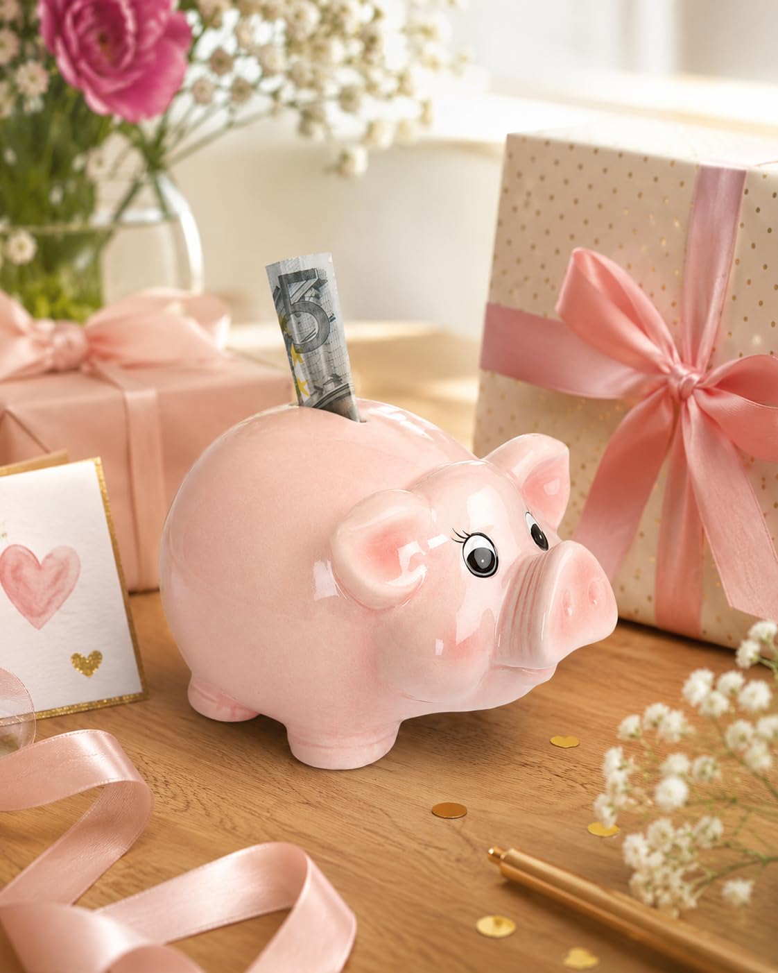 Rosa Sparschwein glasiert | Mittlere Größe | Süßes Sparschwein für Münzen & Scheine | Edle Spardose | Dekoratives Geschenk | Sparen mit Stil | Robust, rutschfest, aus Keramik