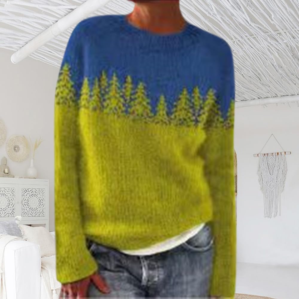 Women's Fair Isle Knitted Sweater Vintage Long Sleeve Crewneck Retro Oversize Loose Fit Pullover Tops for Fall Winter