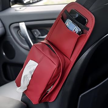 INEBIZ Car Seat Side Organizer Hanging Tissue Holder Box Dispenser Bag Storage Pocket for SUV Truck Front Seat Accessories Red