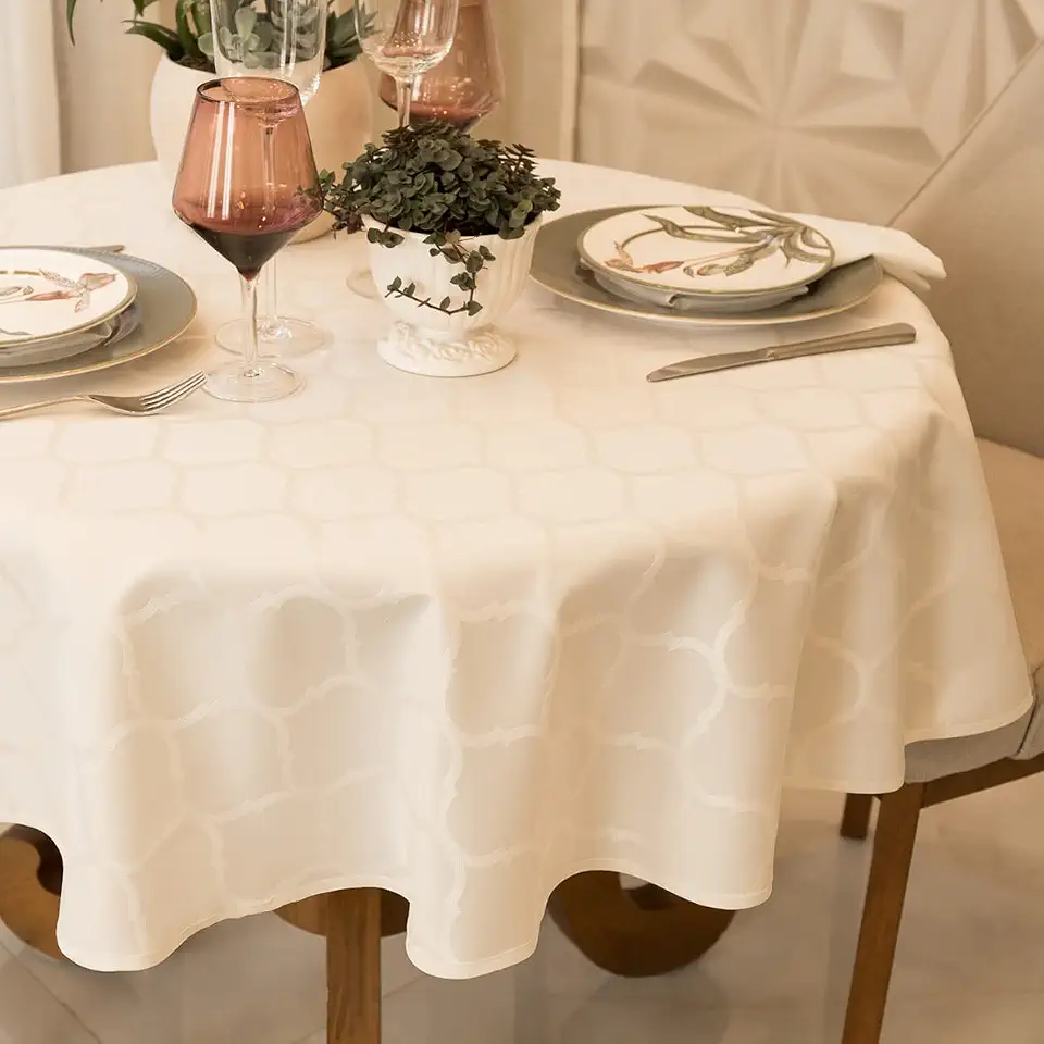 Toalha Mesa Impermeável 4 A 6 Lugares 1,70m Jacquard Redonda (Marrocos Pérola)