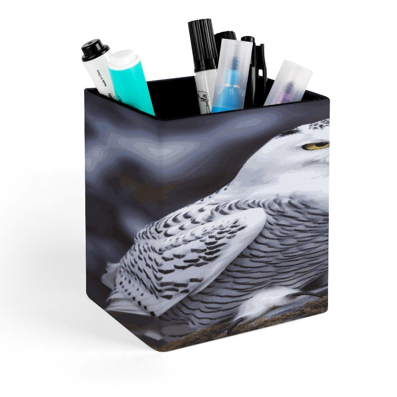 FekiLoot Arctic Owl Pencil Holder for Desk Square Leather Pen Holder Cup Desktop Organizer Multi-Functional Pencil Cup Holders Modern Decorative Desk Organizer Caddy Makeup Brush Holders