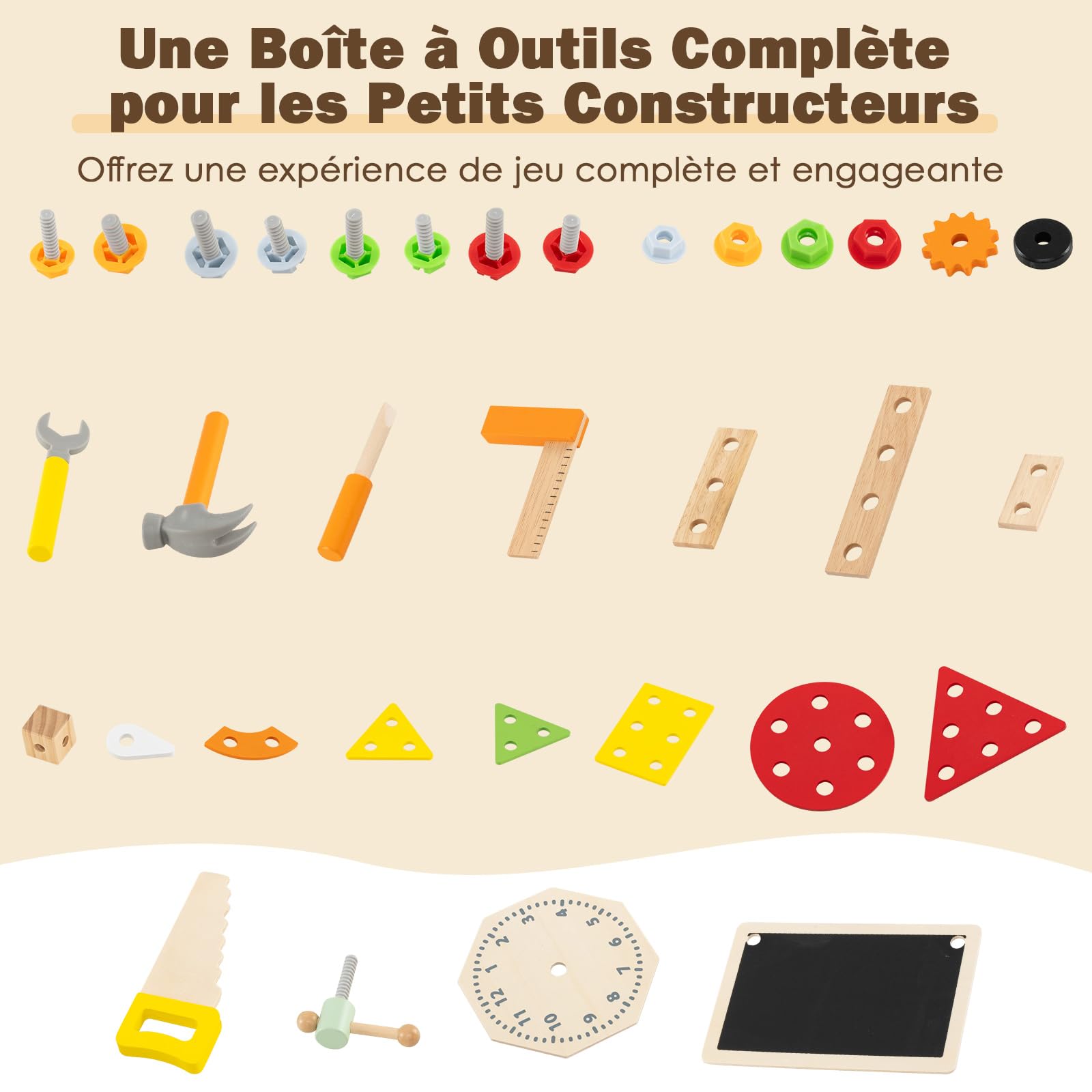 COSTWAY Établi d'Outils en Bois Enfant avec Tableau Noir & Marteau & Scie, Jouet Bricolage Enfant avec 33 Accessoires & Horloge, Étagère Inférieure, Jeu d'Imitation pour 3+ Ans