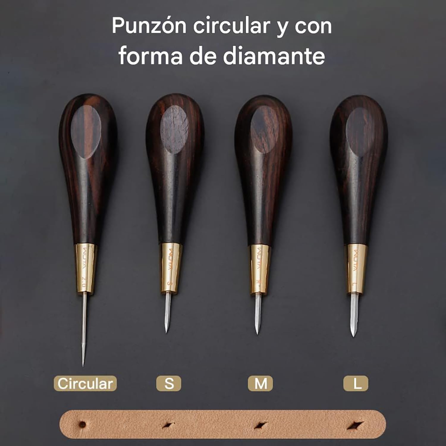 WUTA Punzón de cuero, madera negra de ébano y punzón de latón, herramienta de cuero para el procesamiento de cuero de costura de cuero(S+M+L)