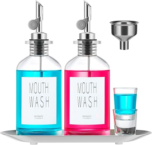 VITVITI Mouthwash Dispenser for Bathroom, 2 Clear Glass Mouth Wash Dispensers Container Holder, 11.8OZ Oil Dispenser Bottle with Tray Cups, disponible en Yaxa Peru