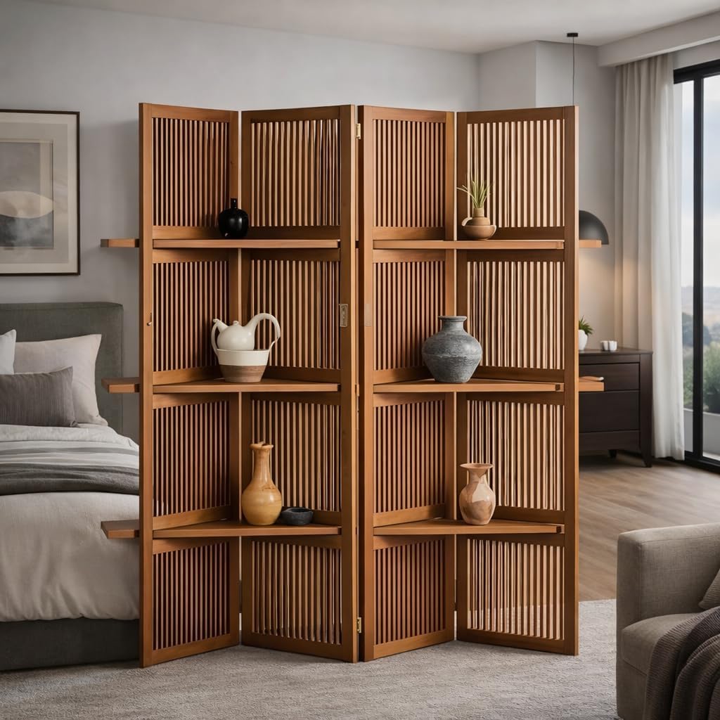 Wooden Partition Divider for Living Room, Partition Wall, Privacy Divider, Freestanding Folding Panels for (6 Feet 4 Panel with 3 Shelve) (6 feet 4 Panel Natural Brown Shading)-image-27