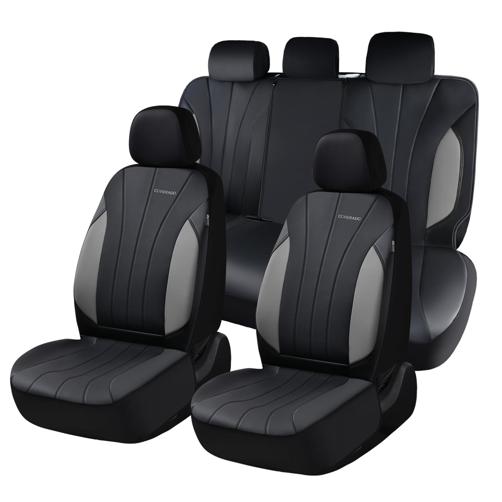 Coverado Car Seat Covers Full Set, 5 Seats Waterproof Nappa Leather Automotive Seat Protectors, Front &amp; Rear Luxury Mesh Seat Covers,All-Weather Universal Fit for Most Cars SUVs, Trucks,Black&amp;Grey