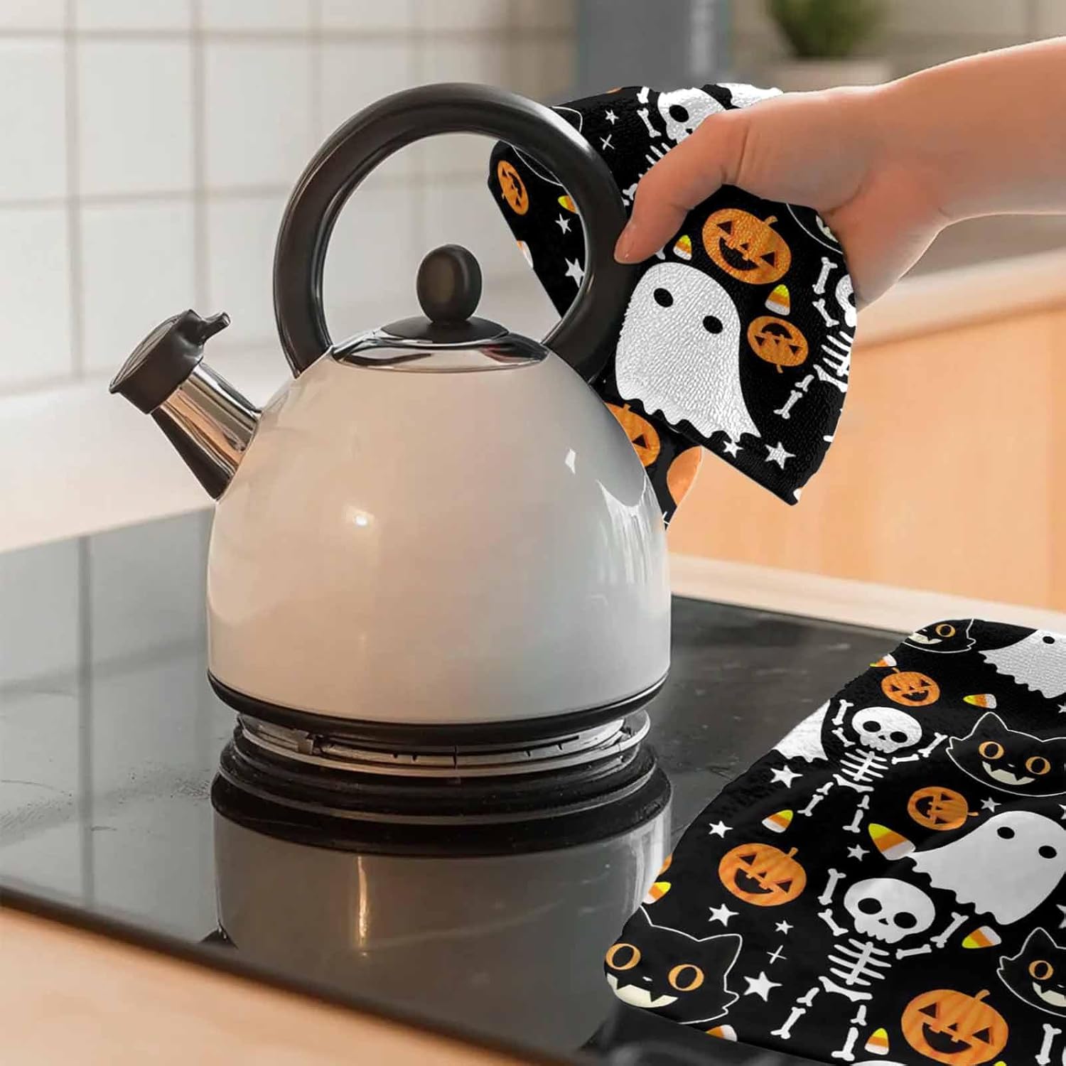 Halloween Kitchen Towels 3 Pack Dish Towels for Kitchen, Orange Spooky Pumpkins White Ghost Absorbent Microfiber Hand Towel for Bathroom, Halloween Funny Black Cat Soft Tea & Bar Towel, 18 x 28 Inch