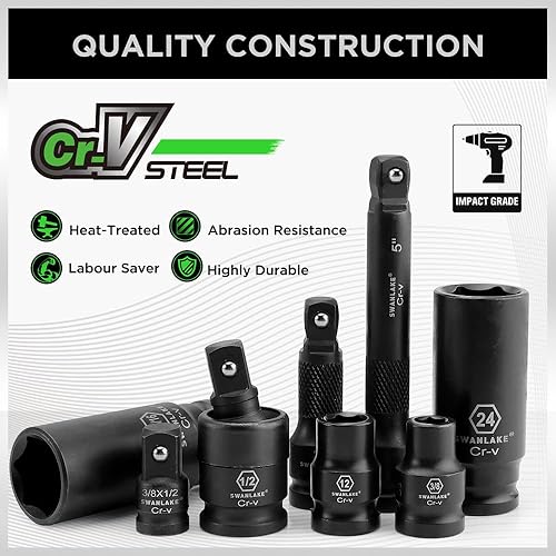 Miniatura 32 de SWANLAKE - Juego de 9 llaves de impacto métricas de 1/2 pulgada, tuerca de eje de husillo, 1.142 in-1.496 in, CR-V