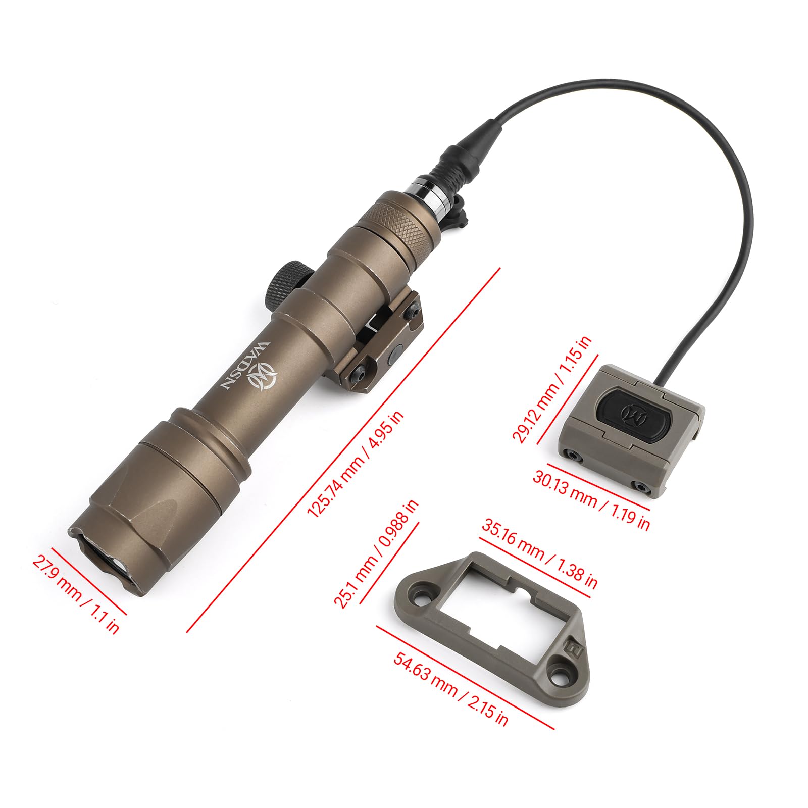 M600C Torcia Lanterna tattica con interruttore a pressione, lanterna da ricognizione a 600 lumen per il sistema ferroviario Mlok Keymod 20 mm Picatinini (Marrone)