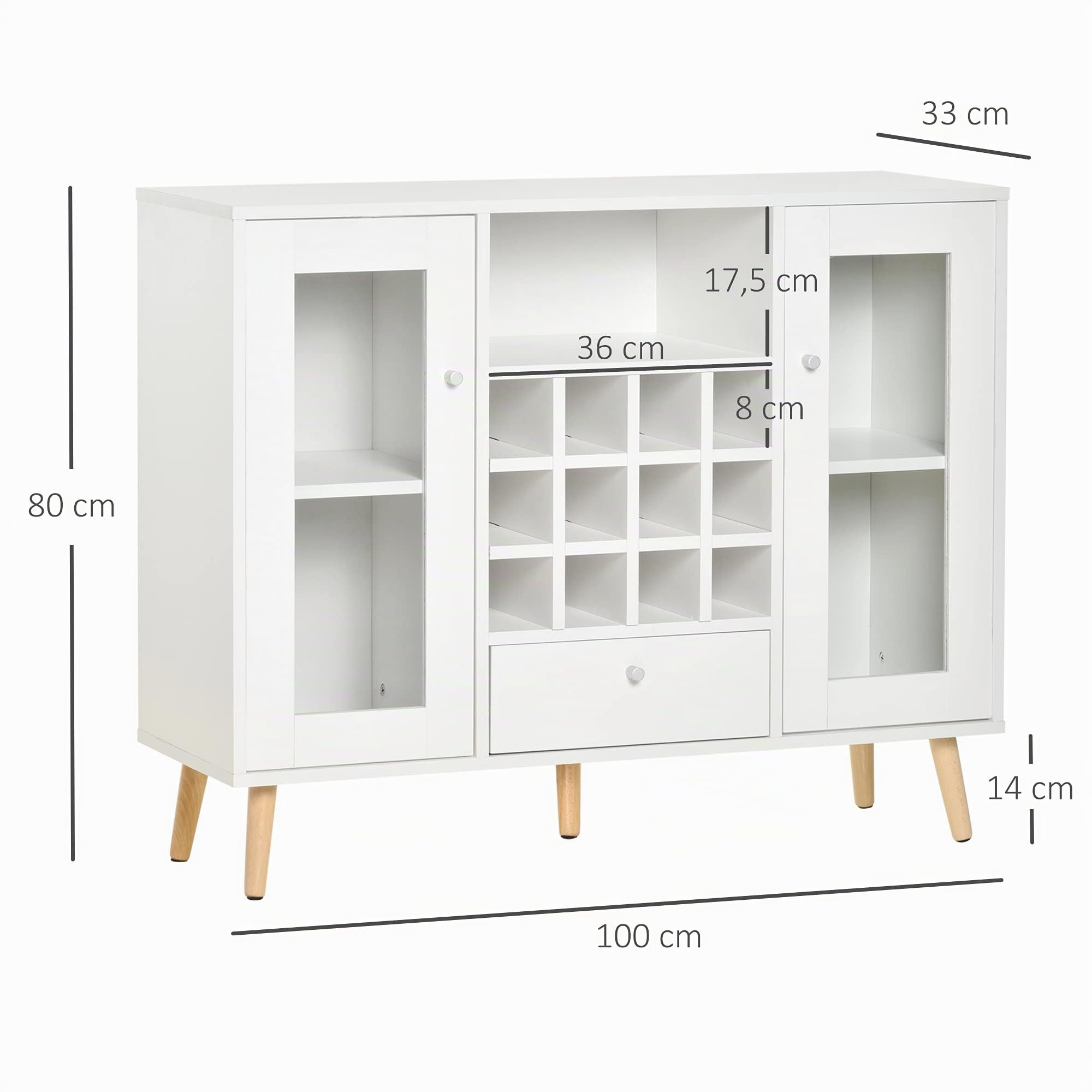 HOMCOM Aparador de Cocina Buffet Alacena con Botellero 100x33x80 cm Blanco | para Salón y Comedor, Almacenaje, Cajón, Estante Abierto, 2 Armarios con Puertas de Cristal, Moderno