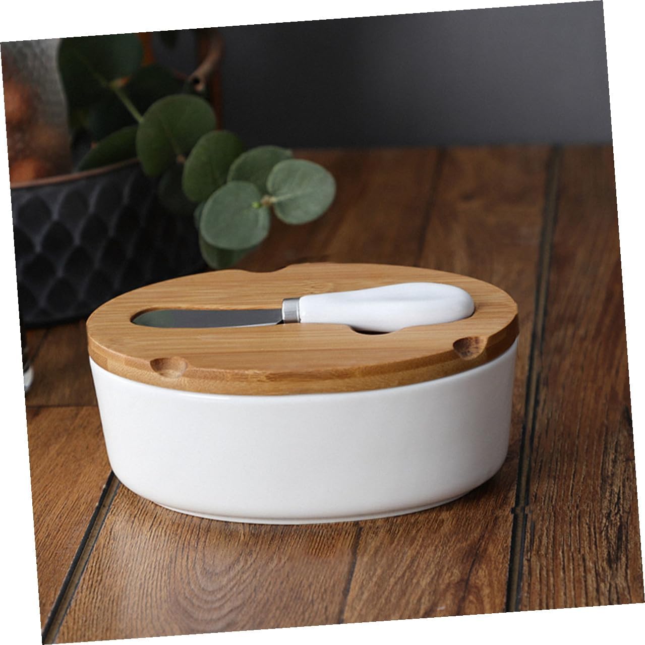 Housoutil Ceramic Butter Box with Lid and Butter Slicer Set Cheese Container Food Storage Crock for Kitchen Dining Table