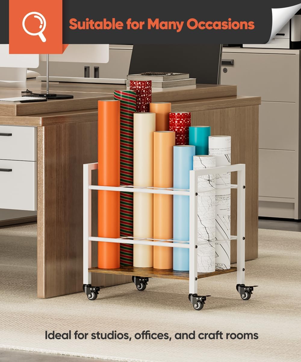 Blueprint Storage Rack Cart, 15 Slots Metal Rolling File Holder with Wheels & Adjustable Pads, Mobile Gift Wrapping Paper Organizer for Maps/Posters/Architectural Construction Plans, White