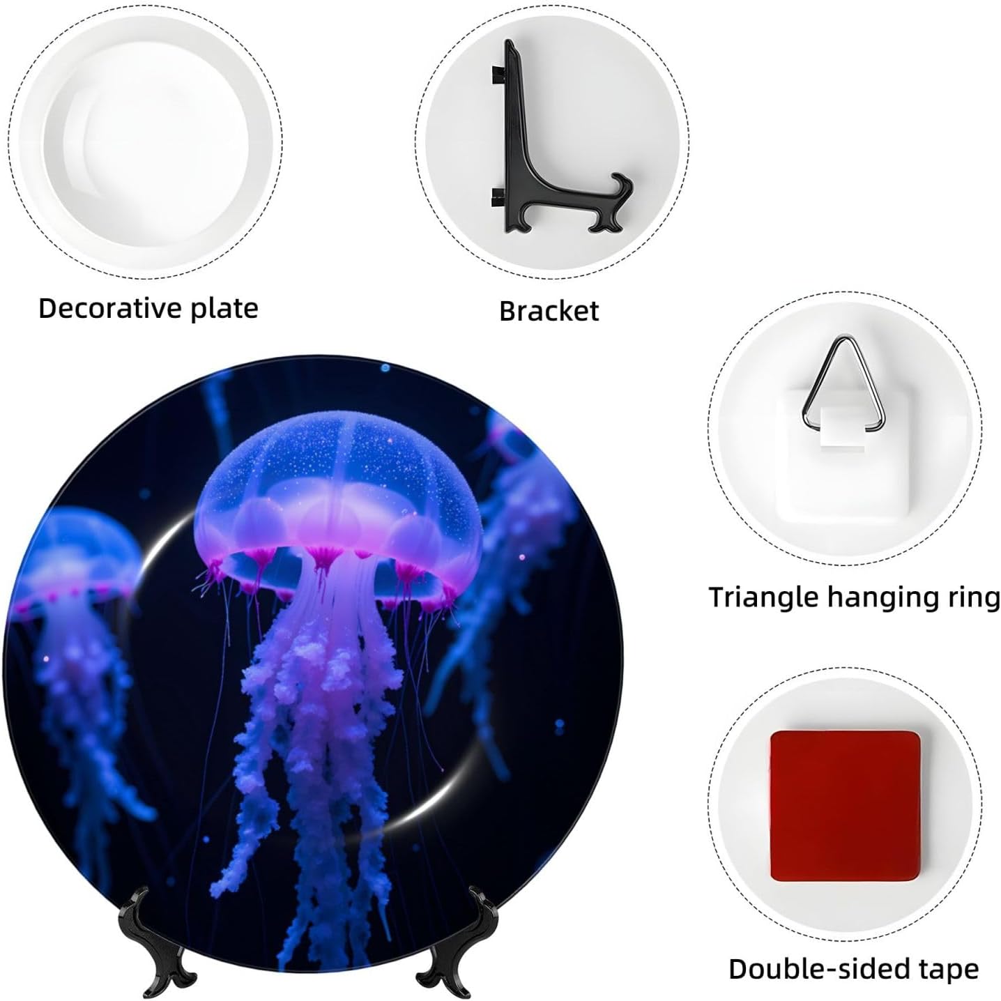 Blue Jellyfish Style Ceramic Plate Display Decorative Plate With Stand Wall Hanging Plate For Home Decor 10 Inch
