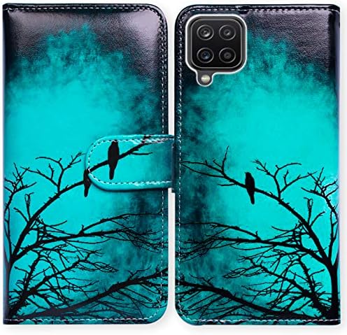 Bcov Galaxy A12 Case, Black Bird Green Leather Flip Phone Case Wallet Cover with Card Slot Holder Kickstand for Samsung Galaxy A12 2021