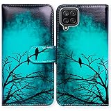 Bcov Galaxy A12 Case, Black Bird Green Leather Flip Phone Case Wallet Cover with Card Slot Holder Ki
