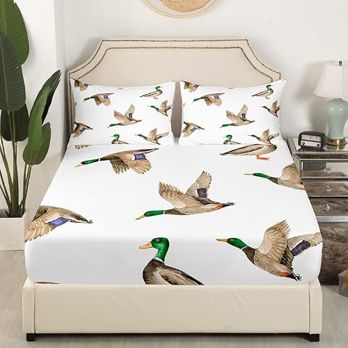 Mallard Duck Bed Sheet Set Hunting And Fishing Fitted Sheet Wild Animal Bedding Set For Boys Girls Kids Wildlife White Bed Cover Full Size With 2 Pillow Case #TOP2