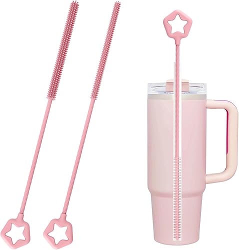 Silicone Straw Cleaner Brush, 2Pcs Reusable Straw Cleaning Brush Set – Soft & Bendable with Non-Slip Handle, 6mm + 9mm for Straws, Tubes & Narrow Openings (Pink)
