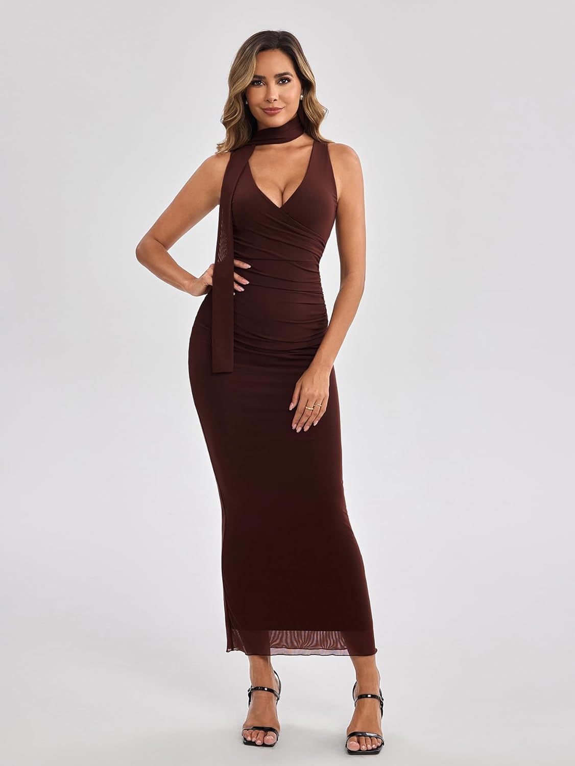 Felyra Women's Bodycon Maxi Dress V Neck Sleeveless Ruched Formal Wedding Guest Party Long Dresses with Scarf - Image 2