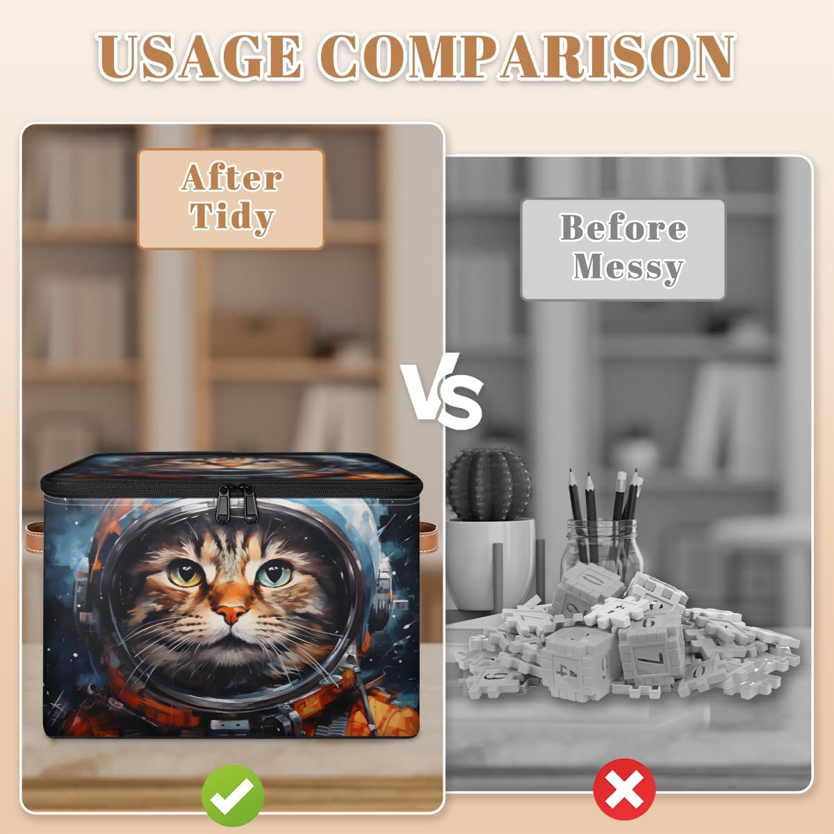 Storage Bin Set of 2 Astronaut Cat Storage Basket with Zipper Lid & Handle Foldable Closet Shelf 2 Pack Cloth Organizer Basket Cube Bins Clothes Organizer for Bedroom, Nursery