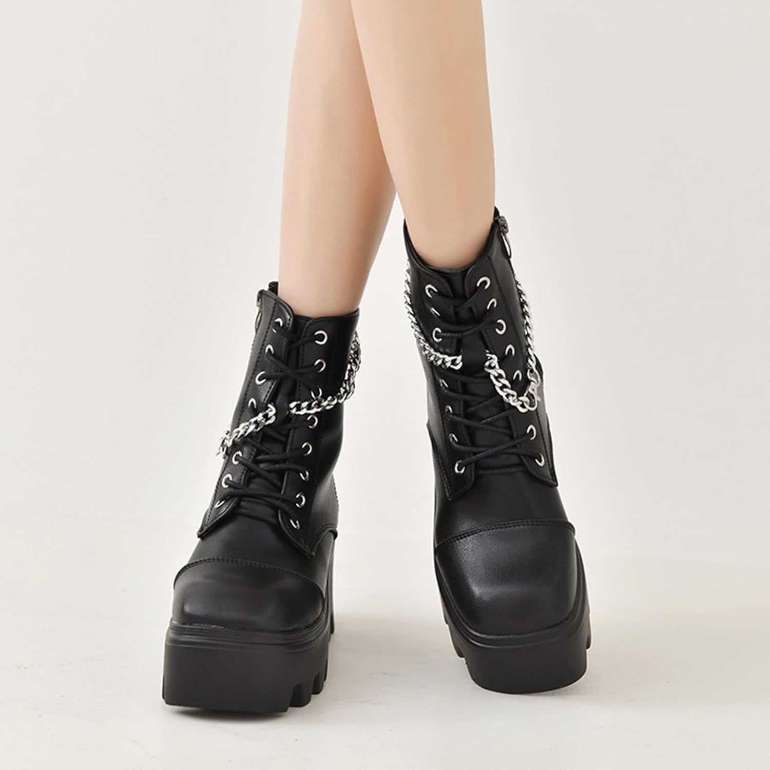UOQAPRE Women's High Heel Combat Boots Square Toe Lace Up Ankle Booties Fashion Wedge Chunky Platform Boots Zipper Bootie Shoes