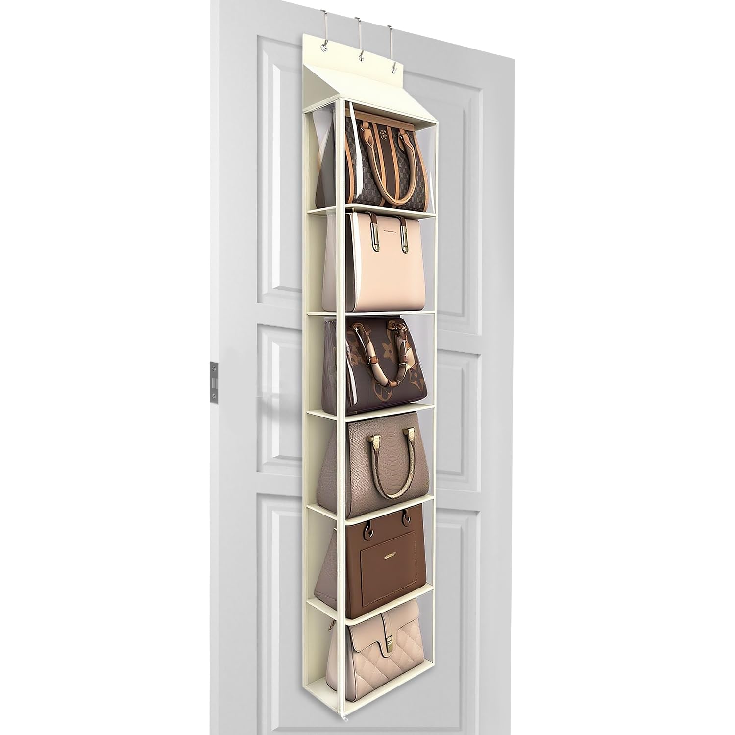 Lirex Over The Door Purse Organizer, 6-Pocket Handbag Hanging Organizer with Zipper, Clothing Closet Purse Hanger for Scarves, Hats, Leggings, L (40 x 14.5 x 173 cm), Cream White