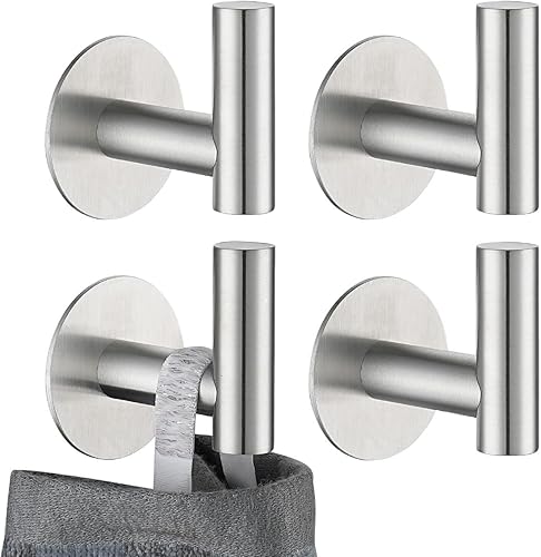 JQK ATH110-BN-P4 - Gancho autoadhesivo para toallas, sin taladro, para baño, cocina, garaje, paquete de 4, acero inoxidable 304, acero cepillado