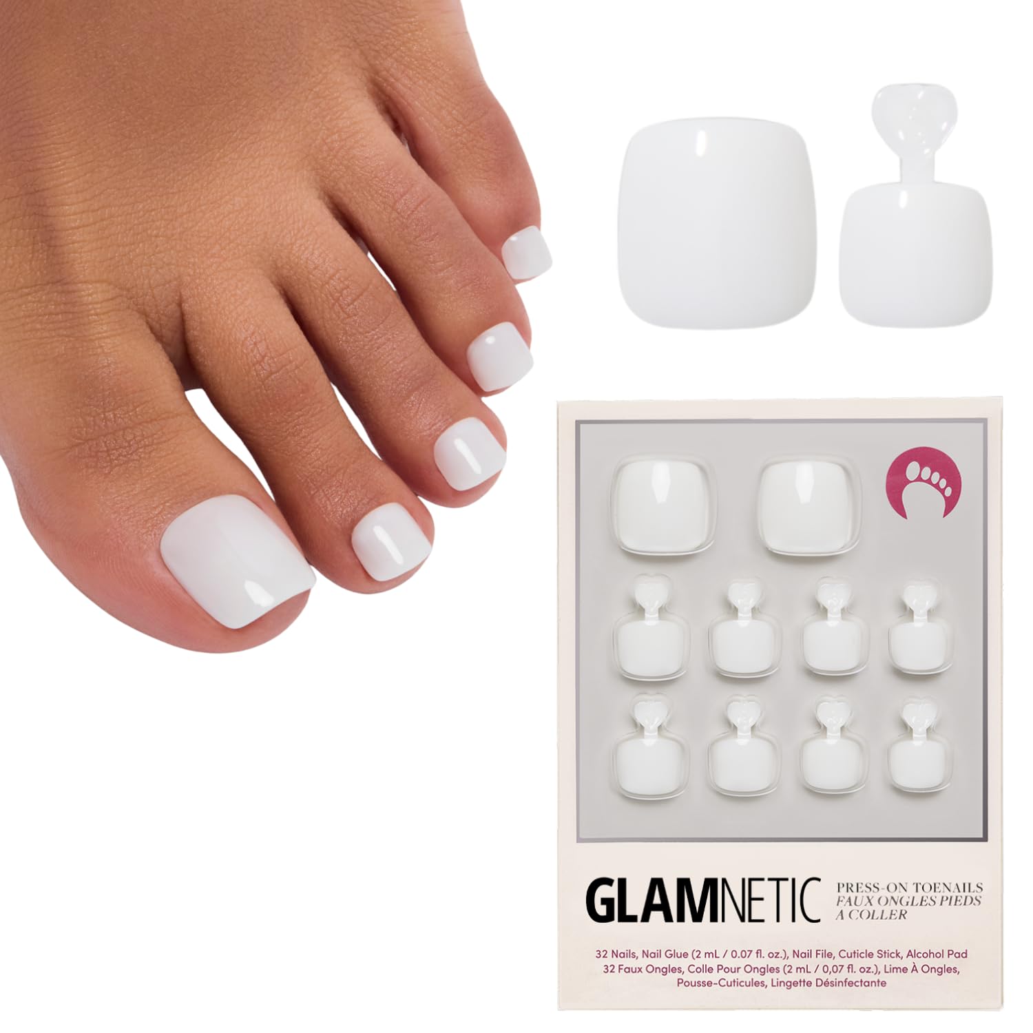 Glamnetic Press On Toenails - Natural Fake Nails | Soft Off-White Glossy Press On Toenails, Salon Quality Press On Nails Kit with Glue | White Swan - 32 Nail Set in 16 Sizes