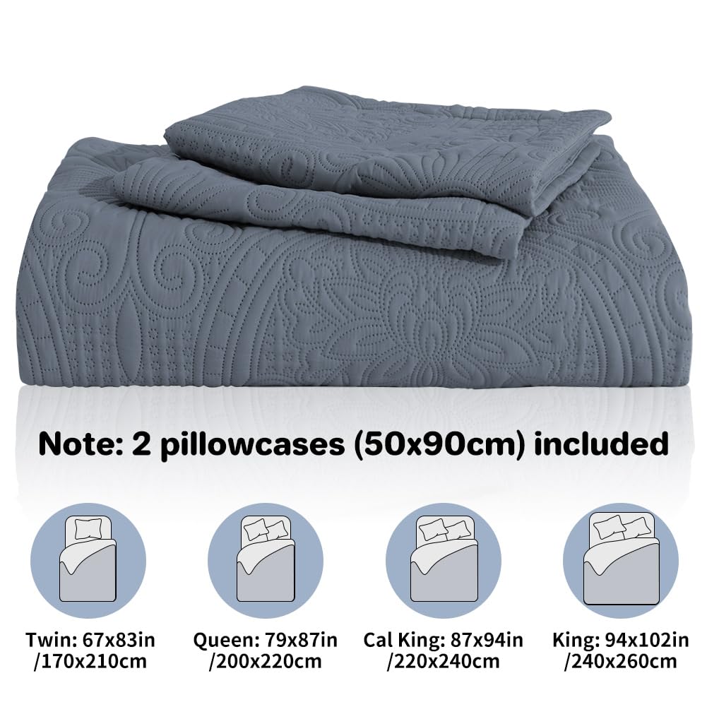 DUJUIKE Colcha Acolchada Ligera para Todas Las Estaciones, con 2 Fundas De Almohada De 50x90 cm, Colcha Acolchada Estampada, Multiusos para Cama Doble Matrimonio de 150 cm (Azul Grisáceo, 240x260cm)