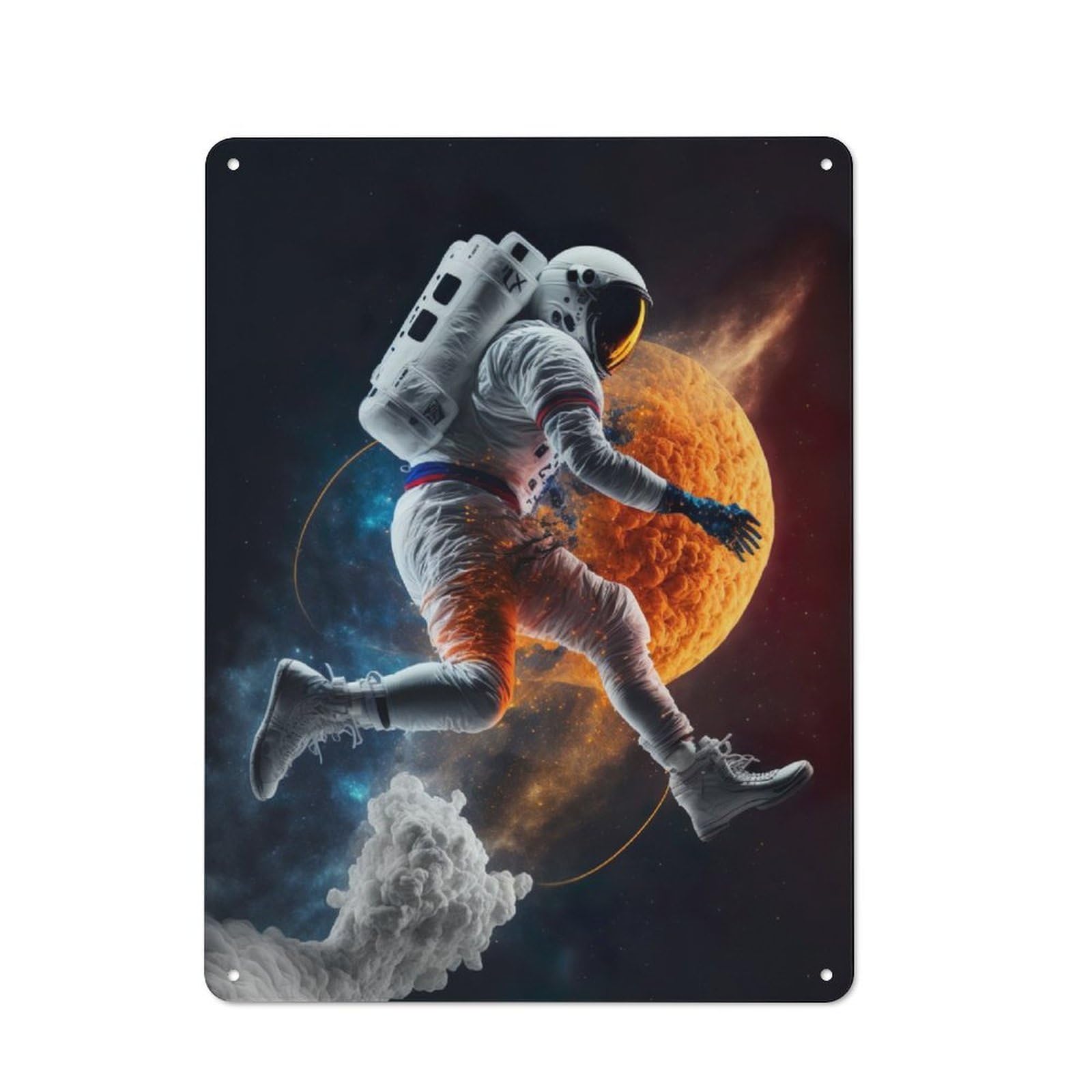 Decorative Metal Plaque with Jumping Astronaut Design 40x30cm, Casual Utility Space Decor for Patio Bar, Workshop, Shed Or Kitchen
