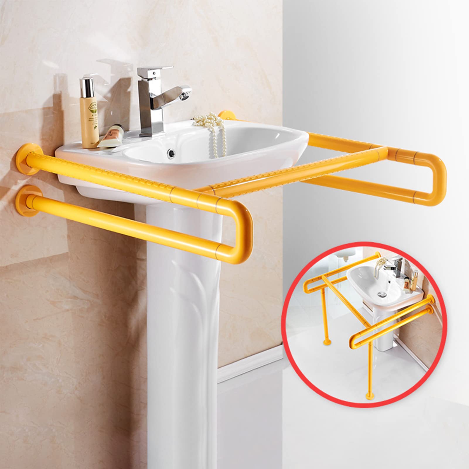Barra de Apoyo para Lavabo, Marco de Seguridad para baño, pasamanos para Lavabo - para Personas Mayores, discapacitadas y con Movilidad Reducida, Ayuda para la Ducha, Amarillo - si