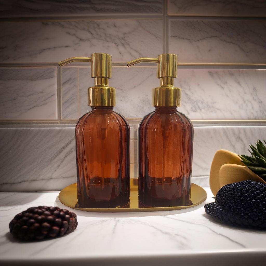 Premium Soap Dispenser Set with 2 Thick Glass Bottles & Tray – Stainless Steel Press Pump for Kitchen or Bathroom, Heavy Duty Brown Glass, Refillable & Leakproof
