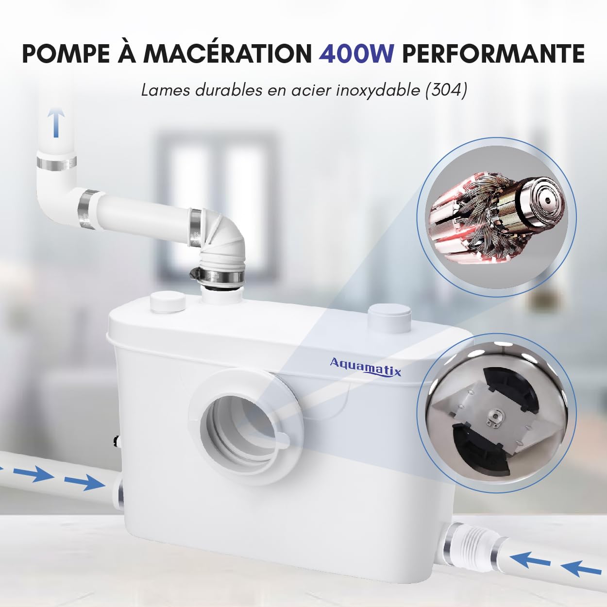 Aquamatix Sanitarna pompa podnosząca, 400 W, pompa Macerator, 100 l/min, 8 m podnośnik, 3-wlot do wanny toaletowej, filtr węglowy