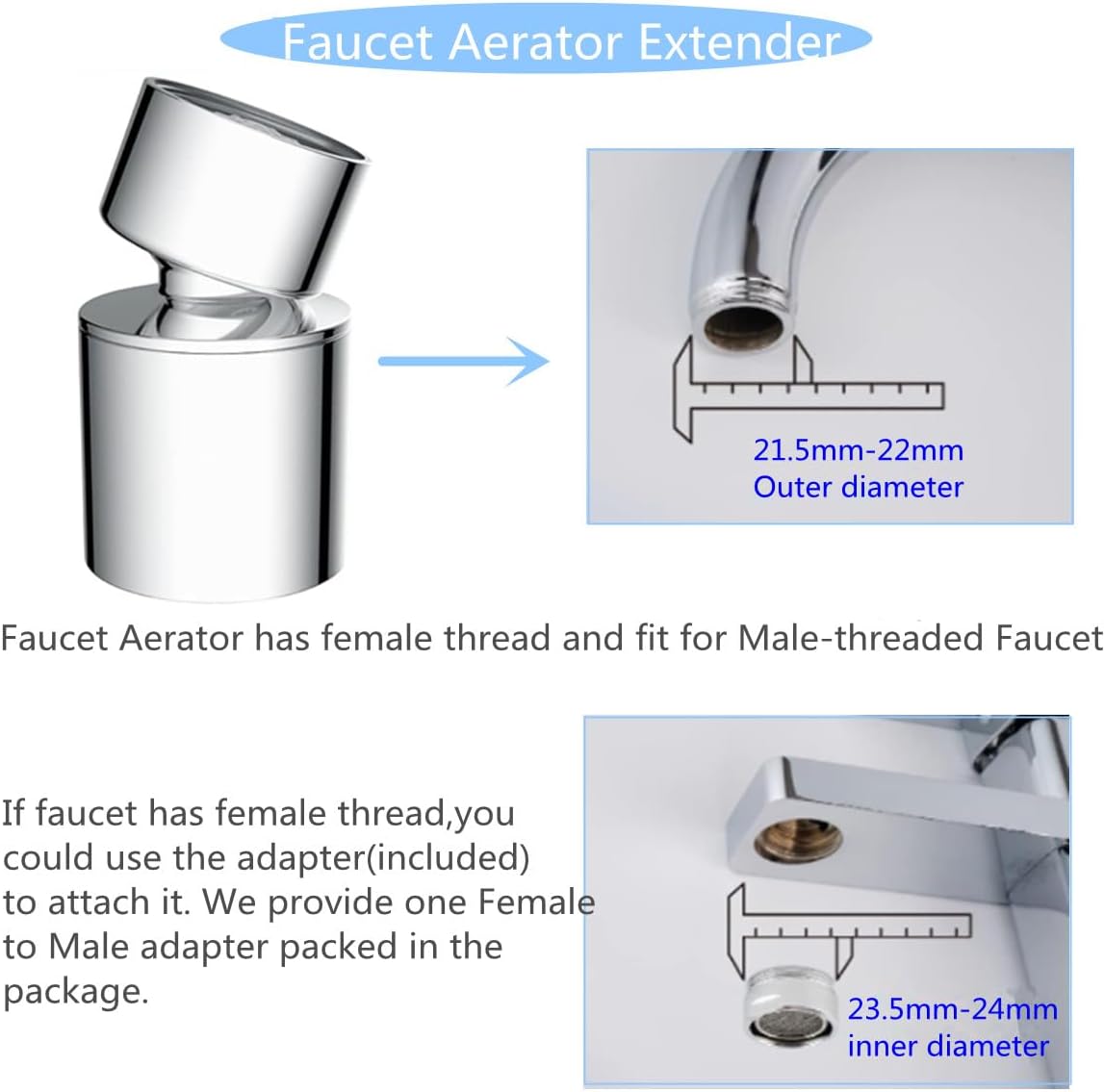 Faucet Aerator, 360° Swivel Kitchen Sink Aerator, Dual-function 2-Flow Sprayer Faucet Head, Big Angle Sink Sprayer Attachement, Faucet Replacement Part 55/64 Inch Female Thread - Chrome