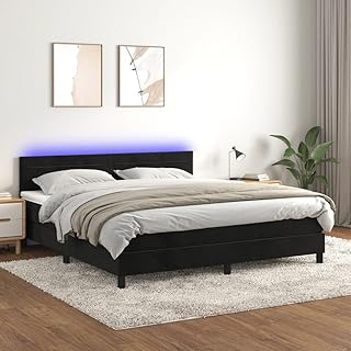 IKAYAA Boxspringbett mit Matratze 160 x 200 Bett mit LED Beleuchtung & Topper Boxspringbett 160 x 200 cm Bett mit Matratze und Lattenrost Bett komplett mit Kopfteil Samt-Schwarz-160 x 200 cm