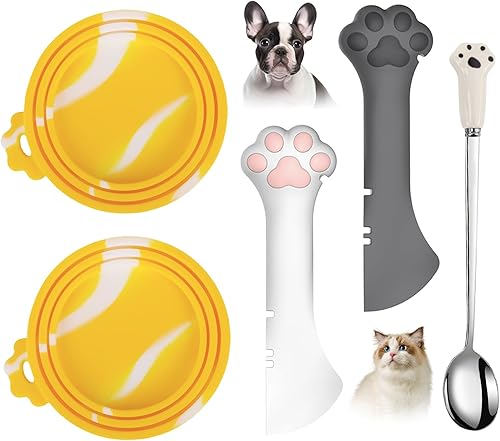 Miniatura 9 de Comtim Juego de 5 tapas y cucharas para latas de comida para mascotas, fundas de silicona para perros y gatos con abridor de espátula multifunción