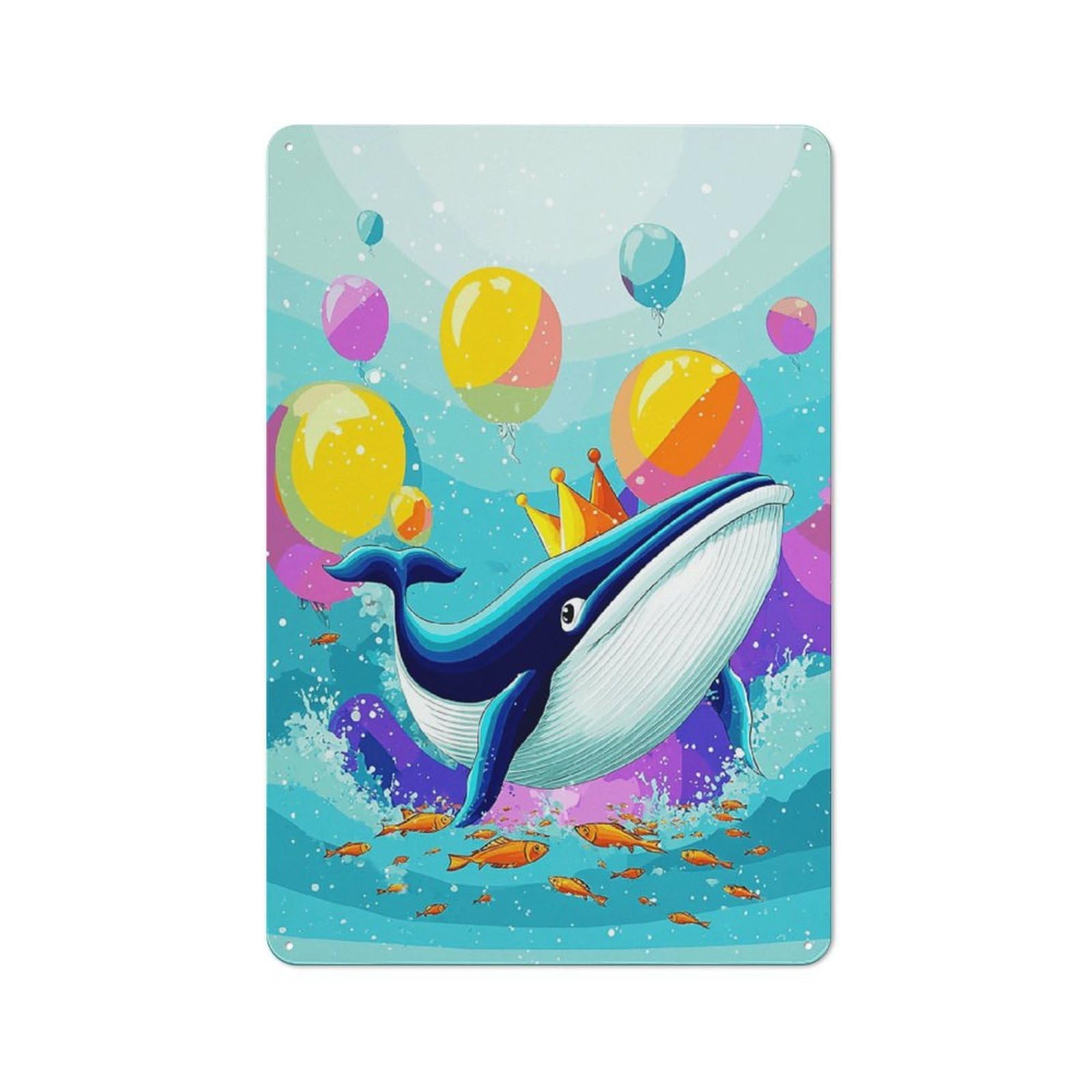 Metal Wall Sign 30x20cm Featuring Whale with Balloons in Ocean for Garage Or Workshop, for Garage, Workshop And Man Cave Decoration