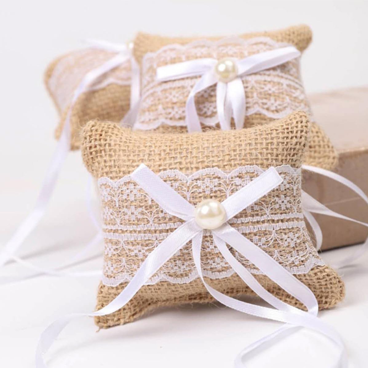2pcs Wedding Ring Bearer Pillow with Lace Burlap and Pearl Accents